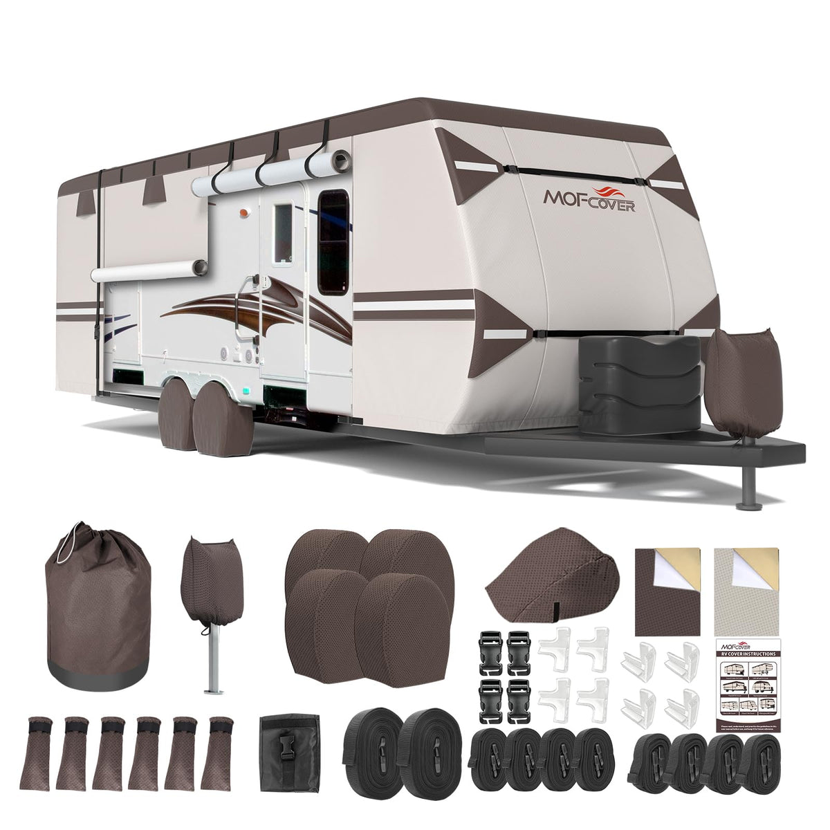 MOFCOVER 9-Layer Waterproof Travel Trailer RV Cover with 4 Tire Covers – 16–30 ft