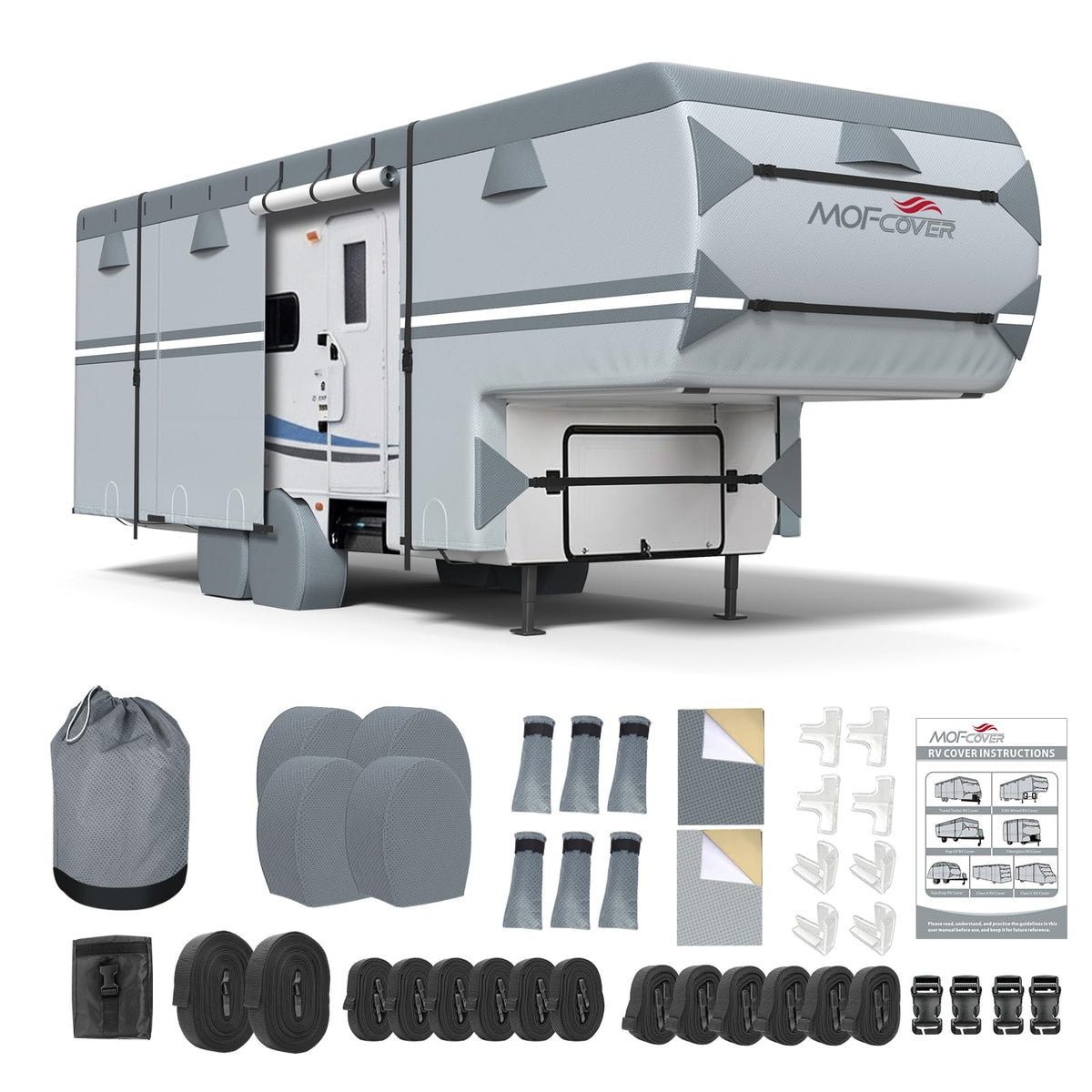 MOFCOVER 9-Layer Waterproof 5th Wheel RV Cover with 4 Tire Covers – Grey, 26–45 ft