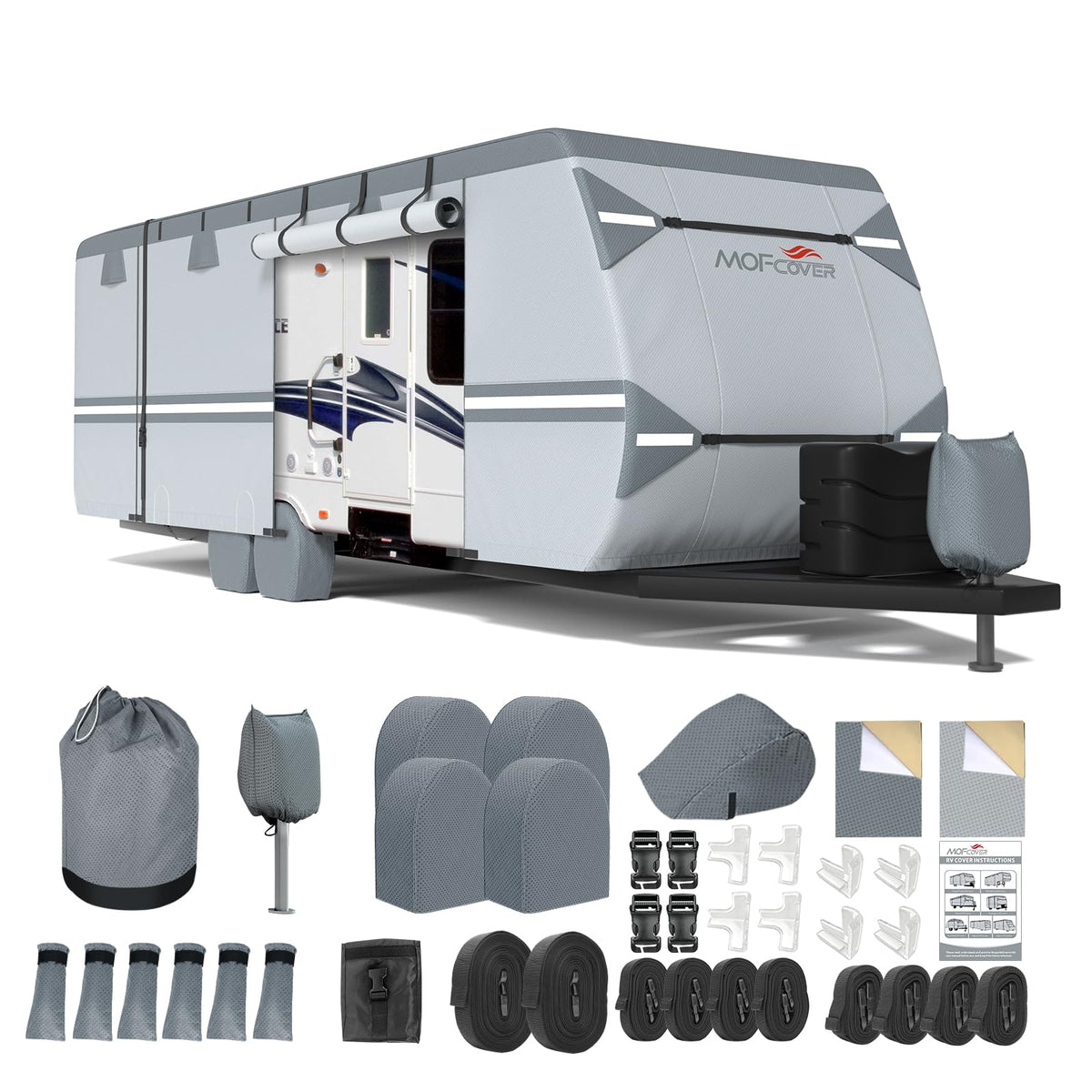 MOFCOVER 9-Layer Waterproof Travel Trailer RV Cover with 4 Tire Covers – Grey, 27–38 ft