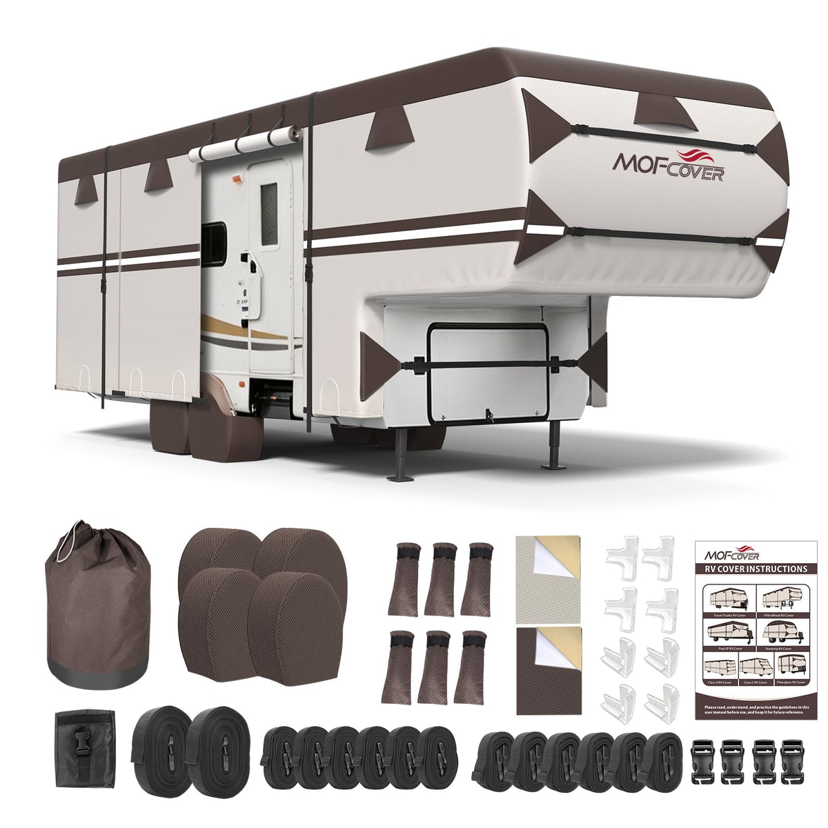 MOFCOVER 9-Layer Waterproof 5th Wheel RV Cover with 4 Tire Covers – Brown, 26–41 ft