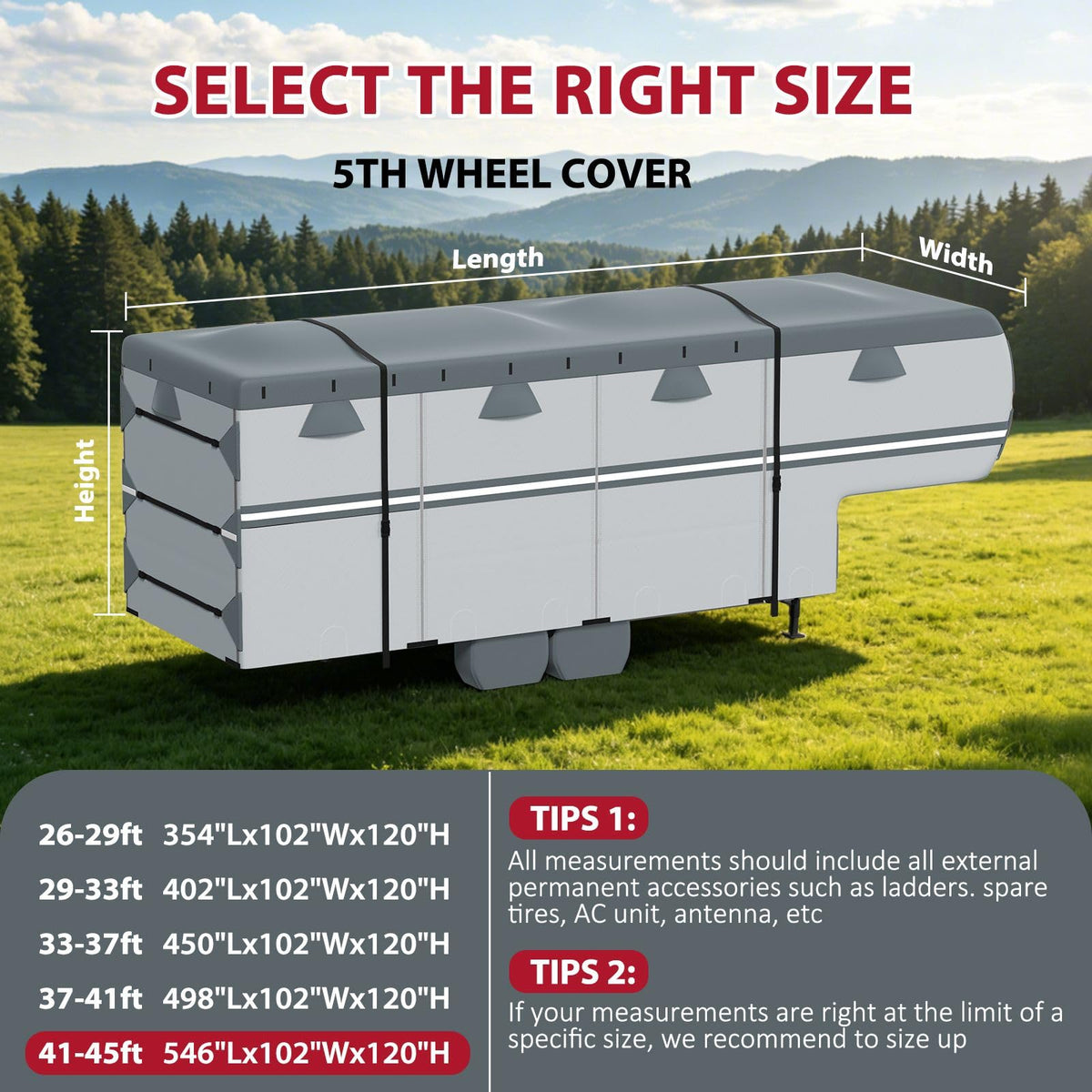 MOFCOVER 9-Layer Waterproof 5th Wheel RV Cover with 4 Tire Covers – Grey, 26–45 ft