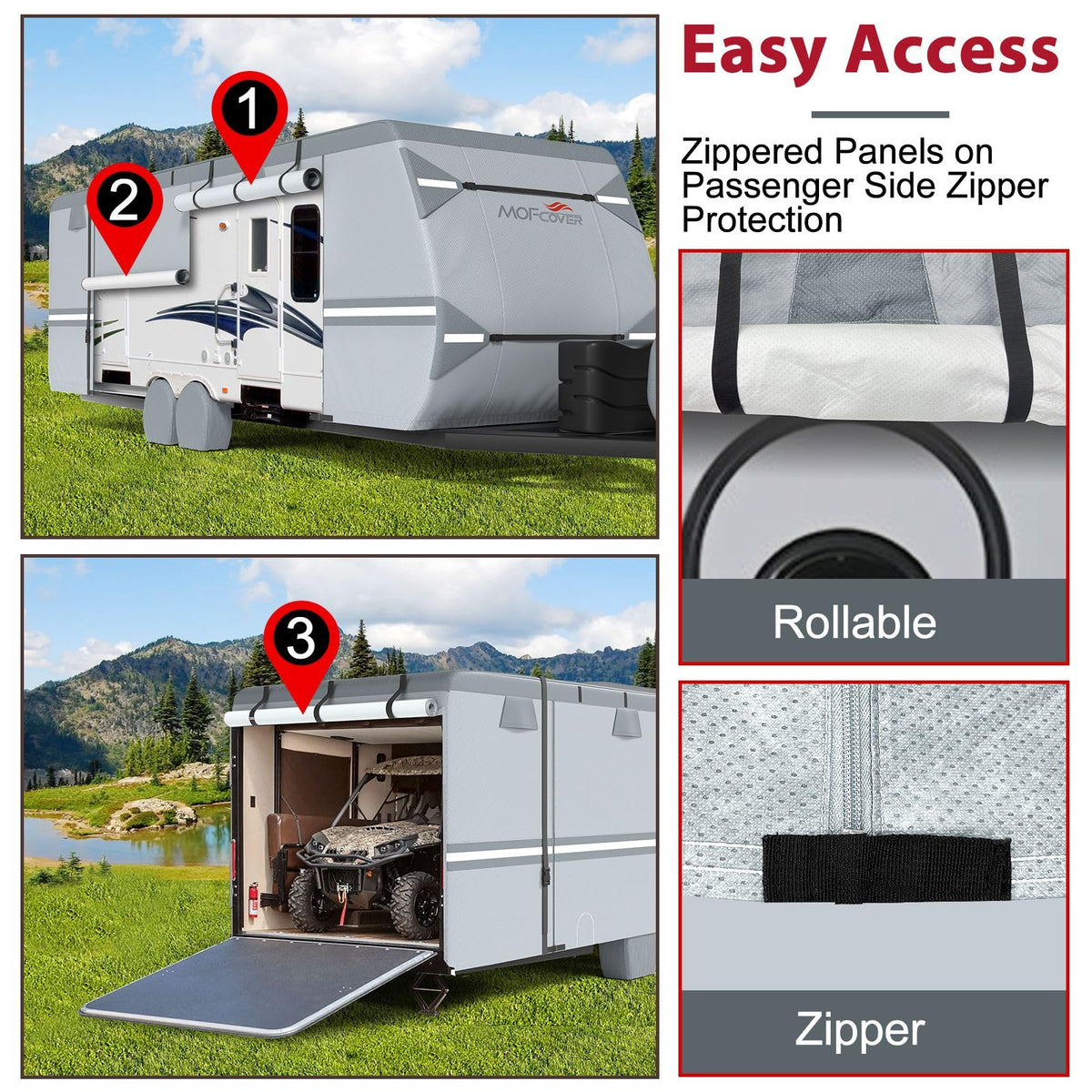 MOFCOVER 9-Layer Waterproof Travel Trailer RV Cover with 4 Tire Covers – Grey, 27–38 ft