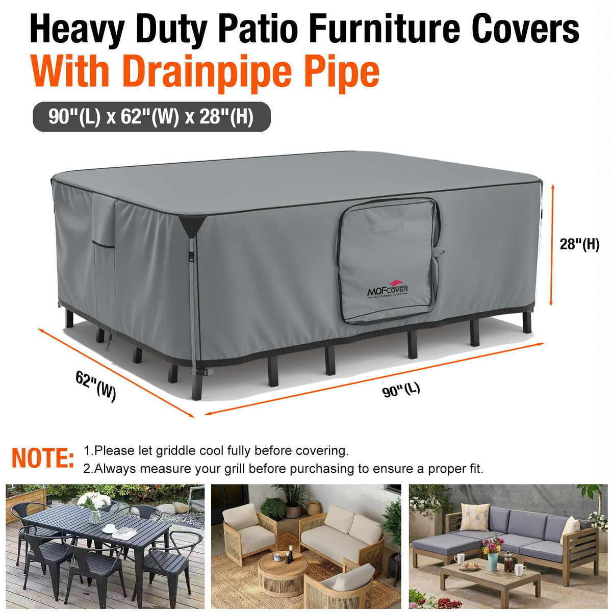 MOFCOVER Upgraded Foldable Patio Furniture Covers with Drainpipe Pipe 90"(L)x62"(W)