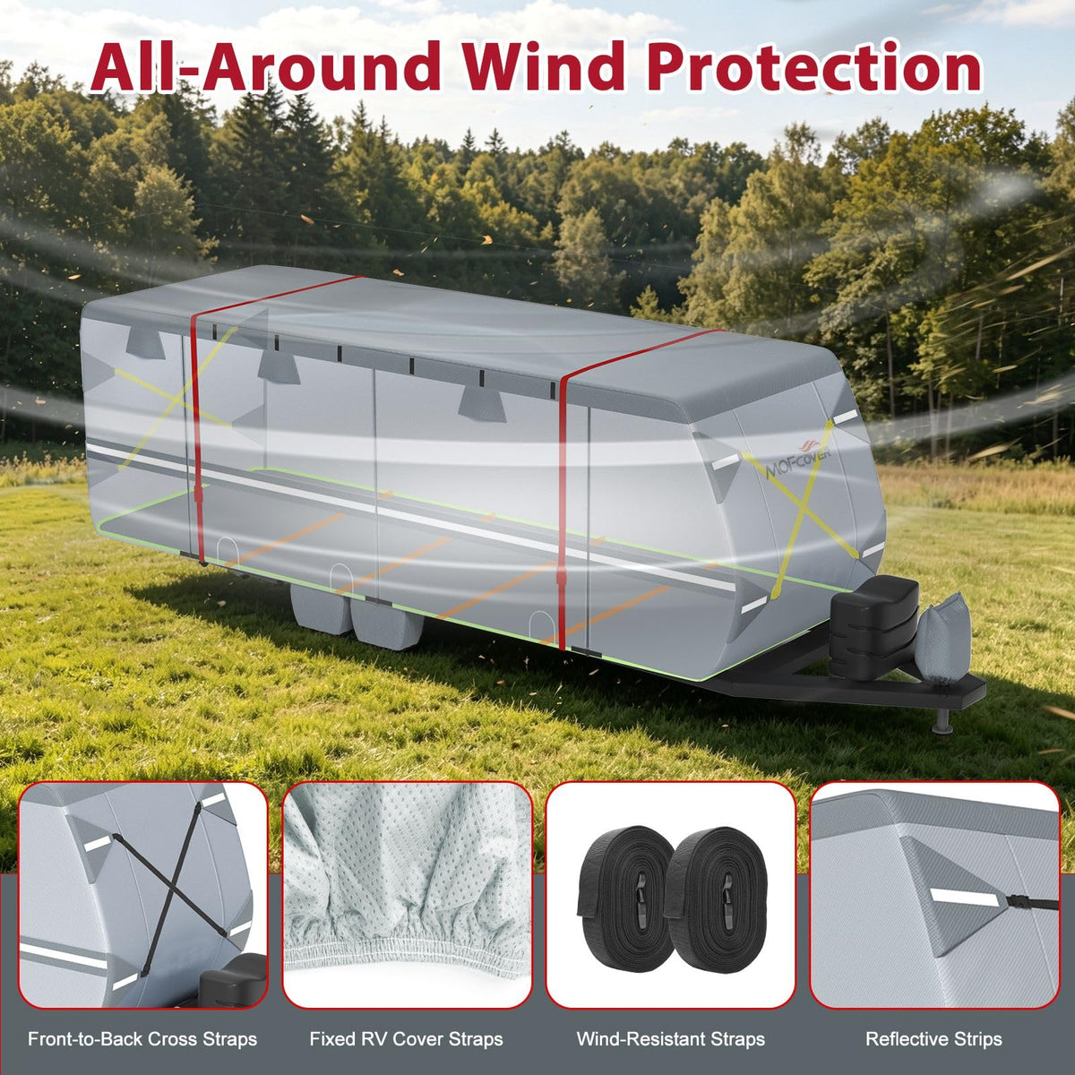 MOFCOVER 9-Layer Waterproof Travel Trailer RV Cover with 4 Tire Covers – Grey, 27–38 ft