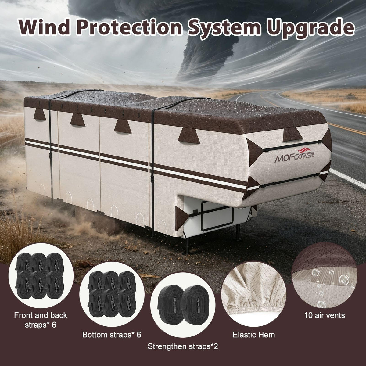 MOFCOVER 9-Layer Waterproof 5th Wheel RV Cover with 4 Tire Covers – Brown, 26–41 ft