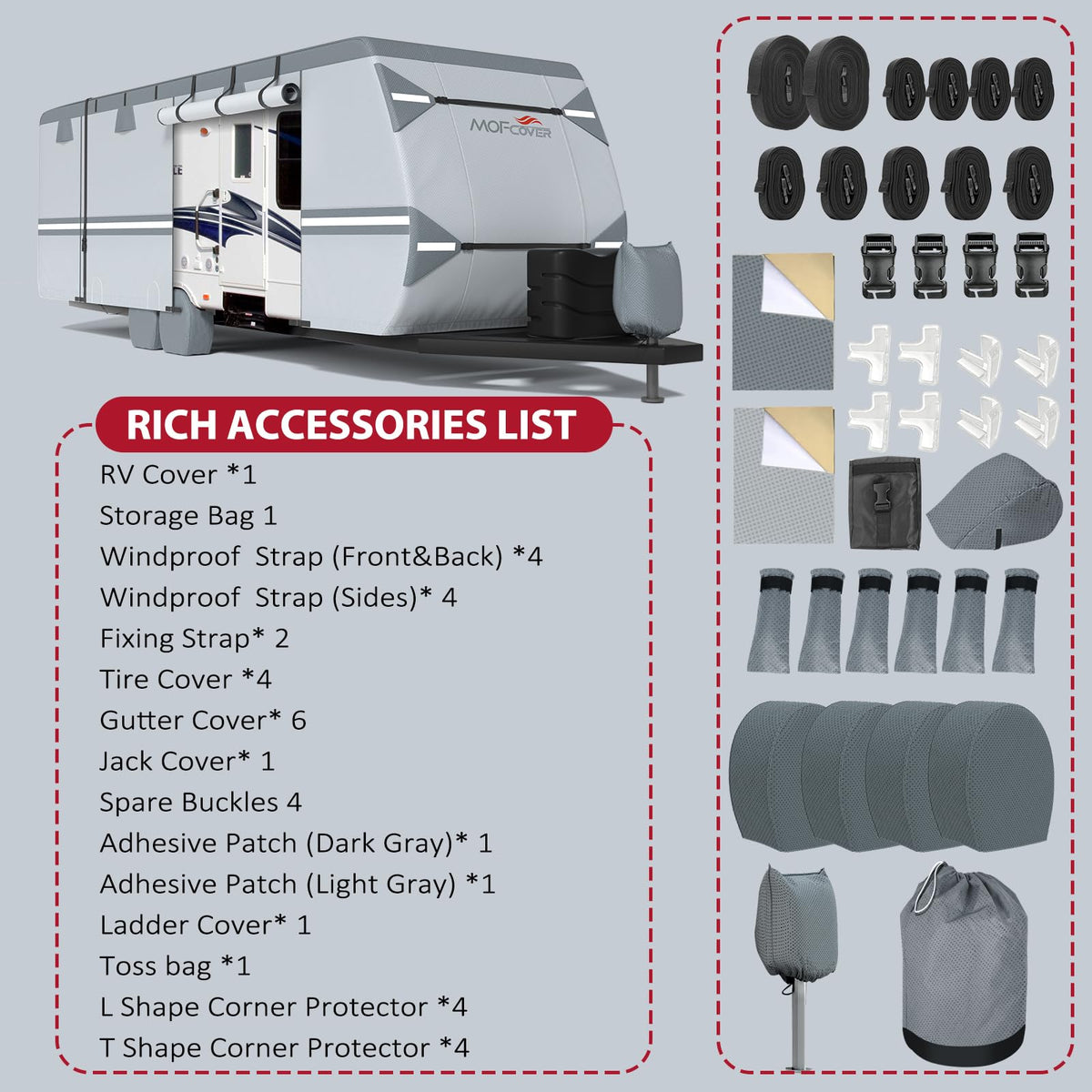 MOFCOVER 9-Layer Waterproof Travel Trailer RV Cover with 4 Tire Covers – Grey, 27–38 ft
