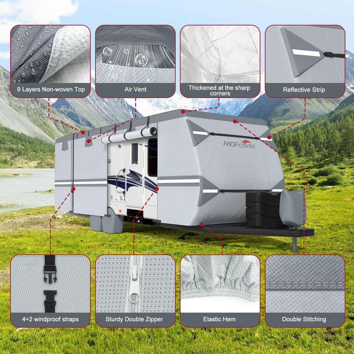 MOFCOVER 9-Layer Waterproof Travel Trailer RV Cover with 4 Tire Covers – Grey, 27–38 ft