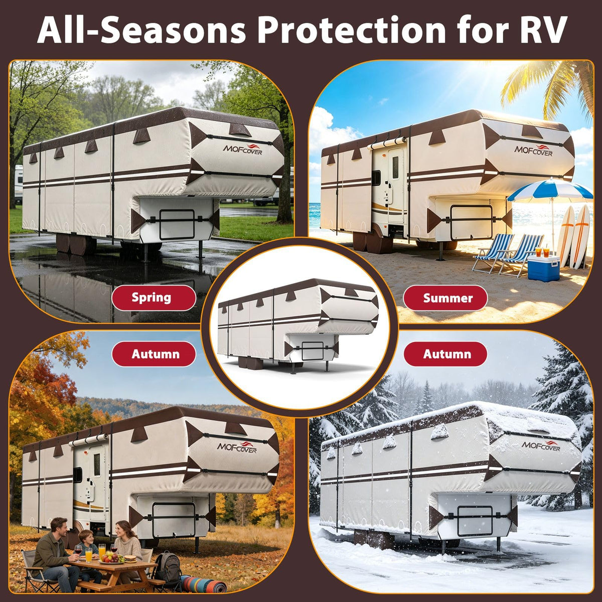 MOFCOVER 9-Layer Waterproof 5th Wheel RV Cover with 4 Tire Covers – Brown, 26–41 ft
