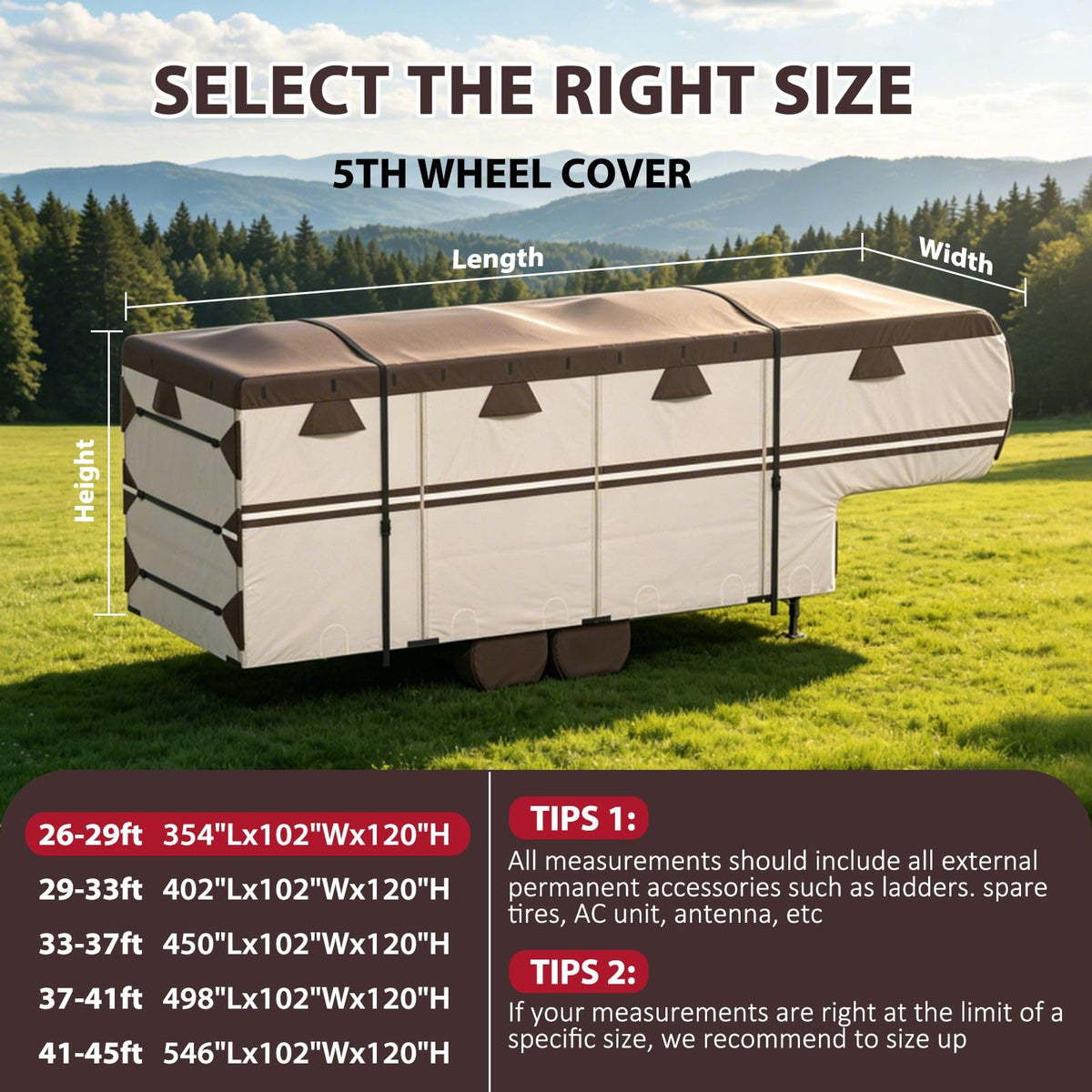 MOFCOVER 9-Layer Waterproof 5th Wheel RV Cover with 4 Tire Covers – Brown, 26–41 ft