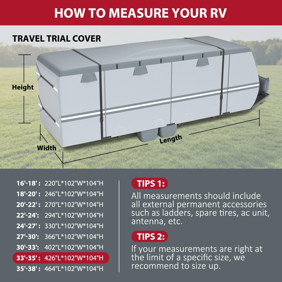 MOFCOVER 9-Layer Waterproof Travel Trailer RV Cover with 4 Tire Covers – Grey, 27–38 ft