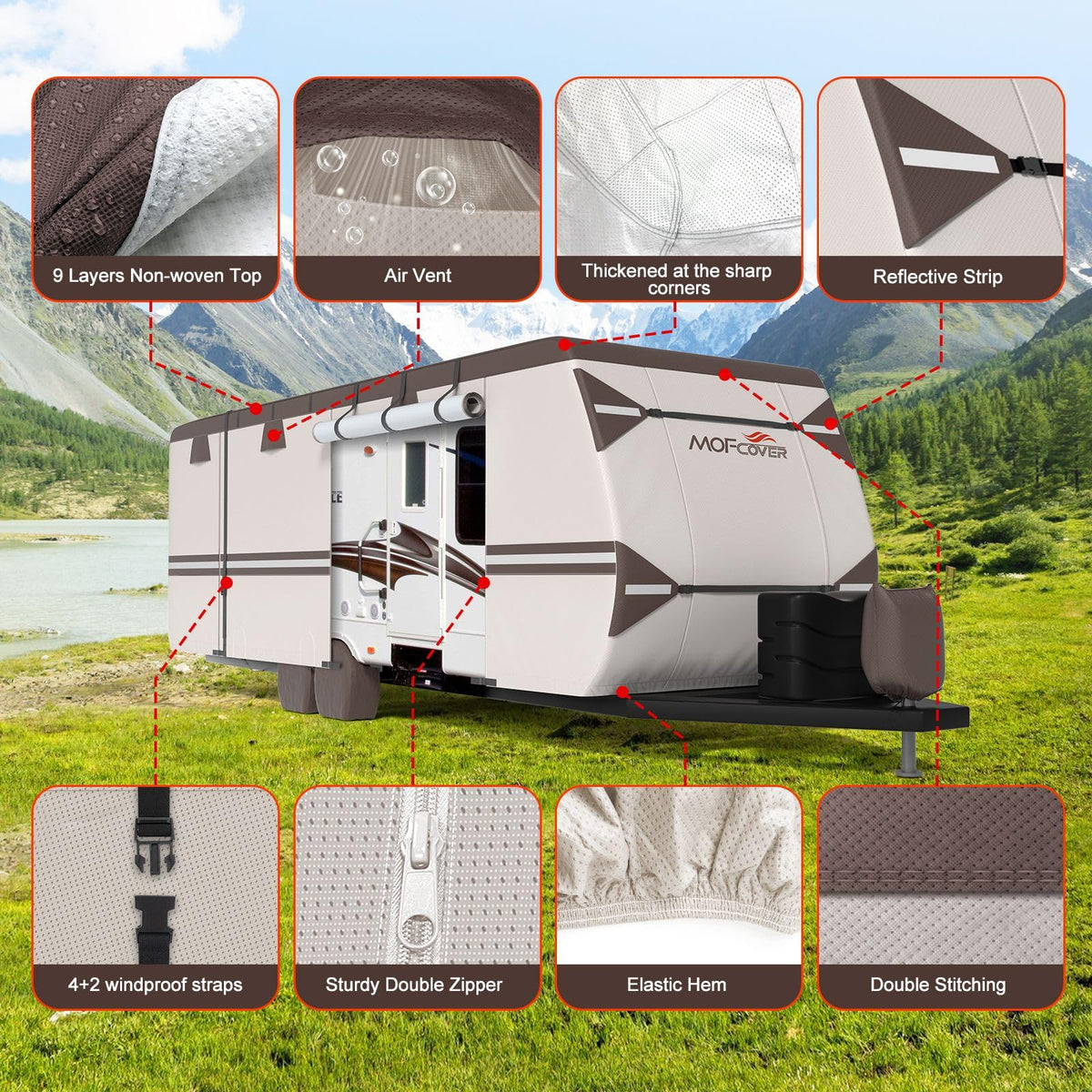 MOFCOVER 9-Layer Waterproof Travel Trailer RV Cover with 4 Tire Covers – 16–30 ft